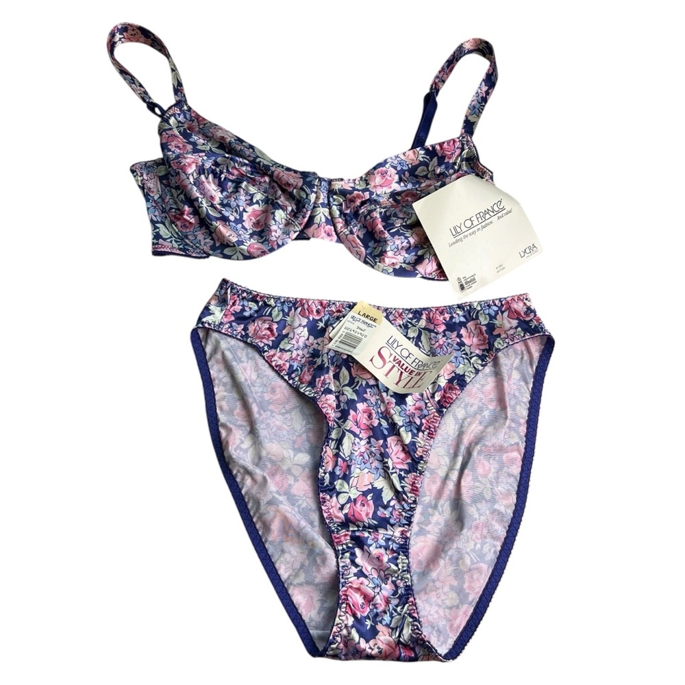 Lily Of France Vintage Floral Silky Lingerie Bra And Panty Set 34D / Large